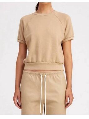 SPRWMN Raglan Tan Cropped Short Sleeve Sweatshirt size Small